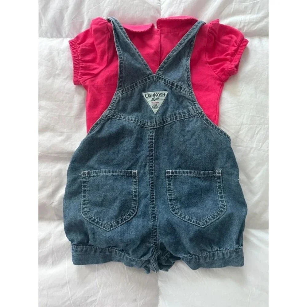VTG OshKosh B’gosh Girl Denim Bubble Shortalls Embroidered Floral Romper 18m